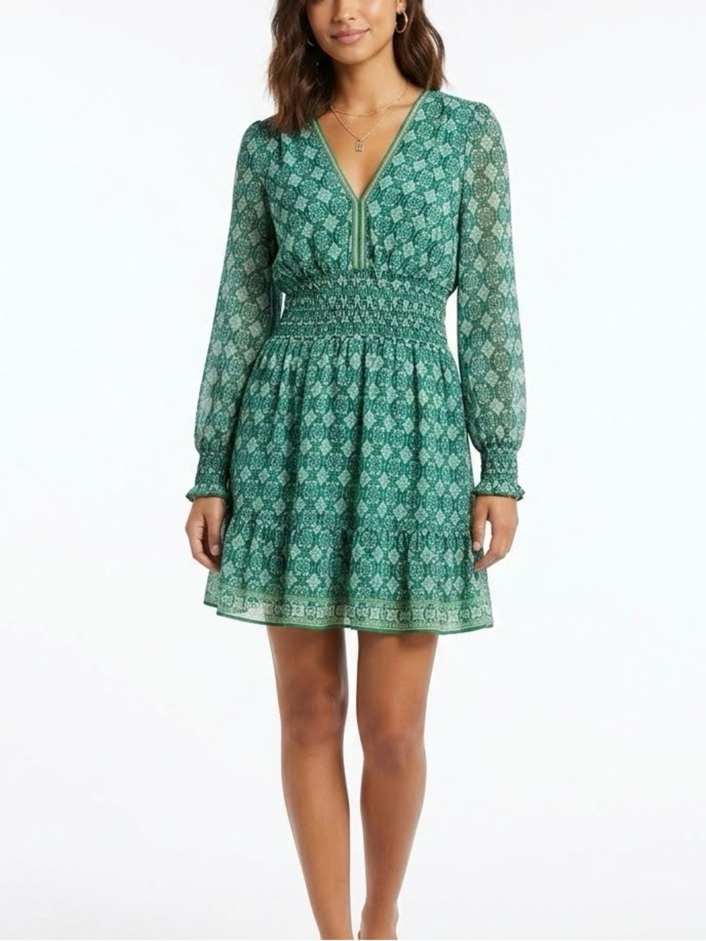 NWT Max Studio Green Boho V-Neck Smocked Mini Dress Size L